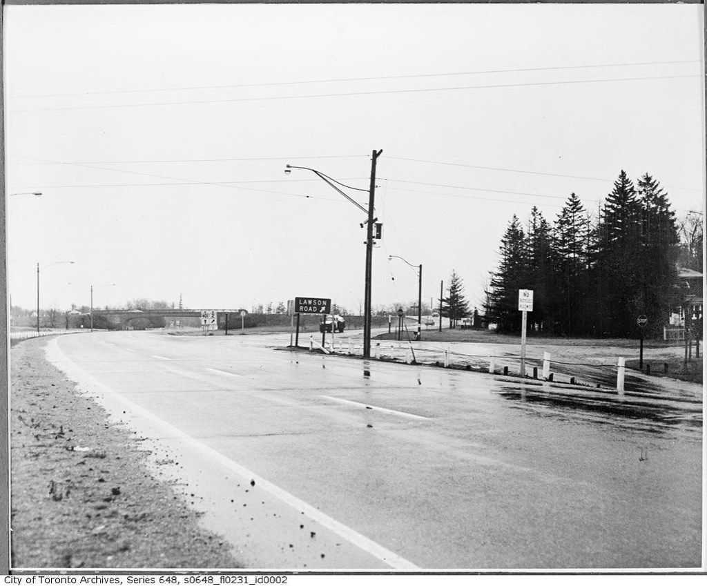 Black-and-white archival photo of Kingston Road at Lawson Road in east Scarborough, looking east, around 1968