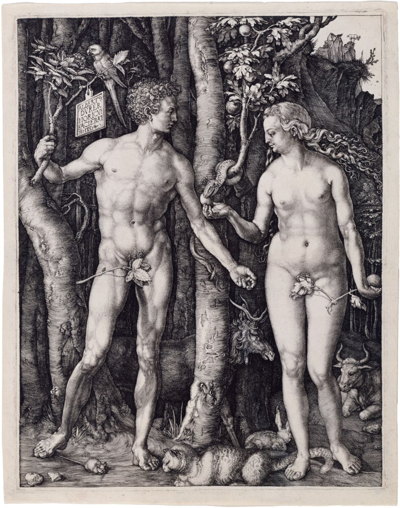 Albrecht Dürer's 1504 engraving of Adam and Eve standing beside the Tree of Knowledge, Eve receiving the fruit from the serpent.