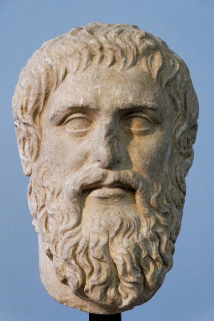Marble portrait head of Plato with a full beard, a Roman copy of the Greek original by Silanion.
